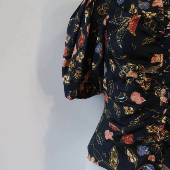 Womens Ulla Johnson 100% Silk Black, Multi Design Shirred Short Sleeve Top XS - Picture 5 of 10